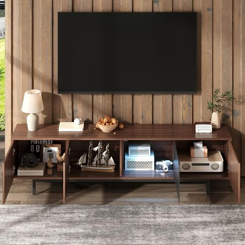 CelticHearth Mueble de TV con barra de luz LED, armario bajo con cristal templado, 200 x 35 x 53 cm, nogal marrón negro, tablero de partículas, moderno