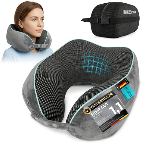 NEOLYMP Nackenkissen Flugzeug mit Kinnstütze verhindert Vorfallen des Kopfes – Memory Foam Reisekissen mit 360° Support & schlanker Rückseite – Tasche & Kofferband (Nackenkissen verstellbar)