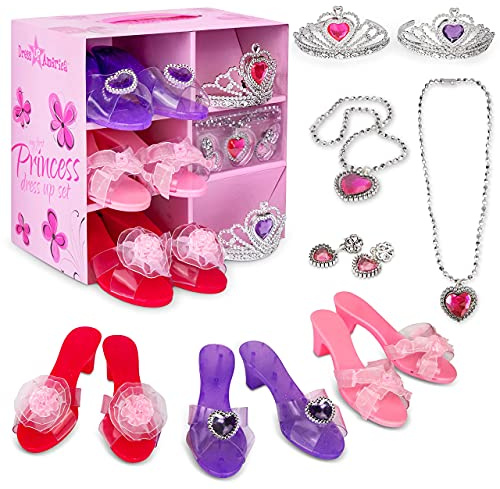 Dress Up America My Princess Dress Up Shoes Set for Kids- Crown for Girls, 3 Shoe Pairs,Earrings,Necklace - Little Girl and Toddler Role-Play Gift Set