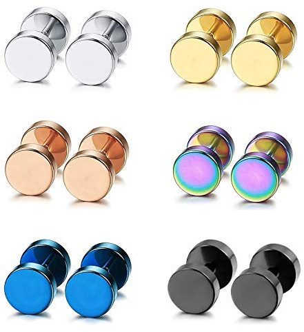 Aroncent 6 Paar Herren Runde Ohrstecker Set 8mm Edelstahl Fake Plugs Ohrringe Illusion Tunnel Ohr Cheater Piercing, Gold Schwarz Silber Rosegold Blau Bunt