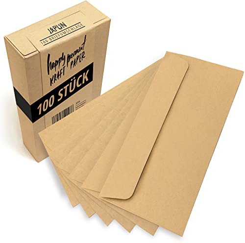Japun – Briefumschläge (100 Stück) aus vintage Kraftpapier, Kuvert, Umschlag ohne Fenster - DIN lang - 220 x 110 mm - hellbraun