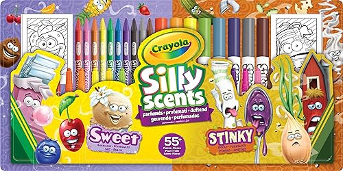 Crayola Silly Scents - Kreativt Målarset för Barn, Doftande Pennor, Färgpennor och Vaxkritor, Över 55 Delar, Målarbok och Figurer att Färglägga, Från cirka 3 år