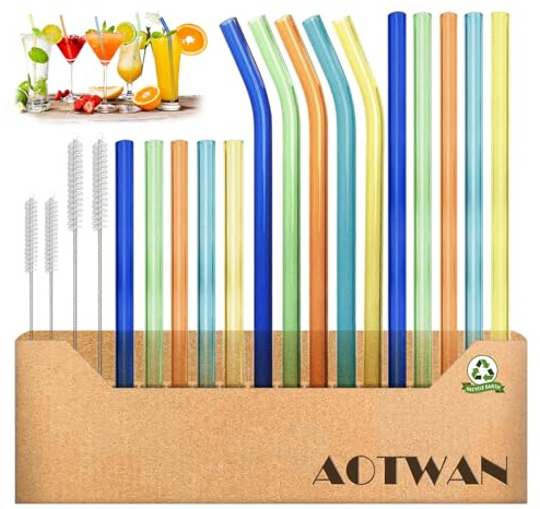 Glass Straws Drinking Reusable Colorful 19 Pack,Size 8.5''x10MM,8.5''x8MM and 6''x10MM,Glass Straws Shatter Resistant Including 10 Straight and 5 Bent with 4 Brushes,Reusable Straws for Cocktail