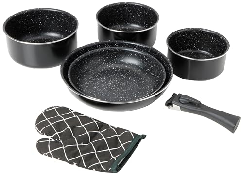 Herzberg HG8053 BLK Batterie De Cuisine, Lot de 3 Casseroles Induction et 2 Poeles Tous Feux de différentes tailles et 1 gant de cuisine, Revêtement Marbre Antiadhésif, Poignées Amovibles, Noir
