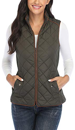 MISS MOLY Women Lightweight Quilted Padded Puffer Vest Stand Collar Zip Up Winter Outwear Gilet (Army green-Color trim, Medium)