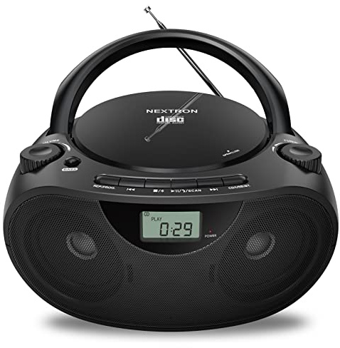 Nextron Portable CD Player Bluetooth Boombox with AM/FM Radio, USB, AUX-in, Headphone Jack, CD-R/RW & MP3-CD Compatible, Stereo Sound with Bass Boost, AC/Battery Operated – Black