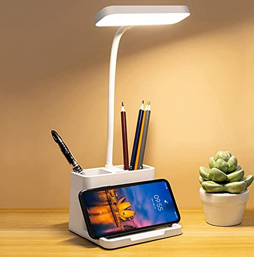 LED Desk Lamp with Pen & Phone holder, USB Rechargeable Book Reading Light,Eye-Caring Study Lamp for Kids, Touch Table Lamp with Flexible Gooseneck for Home, Office,3 Color Modes & Stepless Dimming