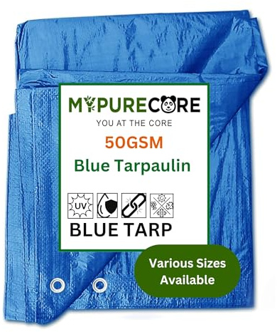 MYPURECORE Large Blue Tarpaulin in Various Sizes - Durable, Water & UV Resistant Tarp Plastic Sheet for Outdoor, Camping, Tent Groundsheet & Garden - Ground Sheet for Versatile Use (5m x 6m)