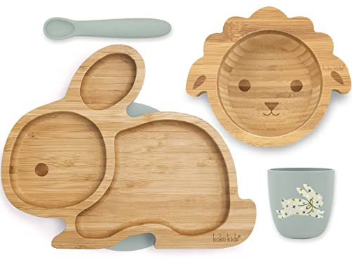 Koko Kids® Bamboo and Silicone Feeding Set ~ Rabbit Suction Plate, Lamb Suction Bowl, Silicone Cup and Spoon (Grün)