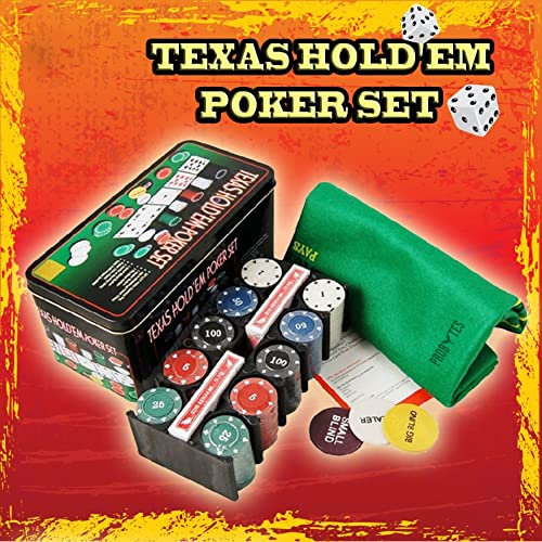 Texas Hold’em Poker Game Set - Includes Hold’em Mat, 2 Card Decks, Chips, Chip Holder and Tin Storage Box - FUN Game Night Supplies - Cool Casino Gift for Teens and Adults Game Set - Easy to store
