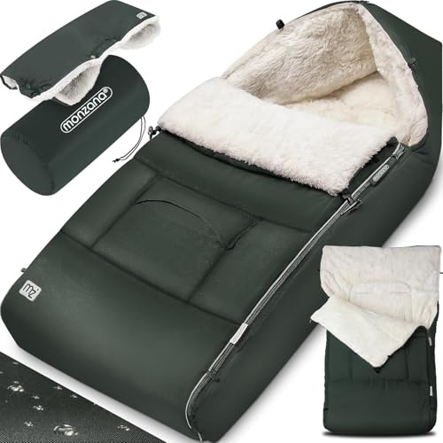 MONZANA® Baby Footmuff with Hand Warmer | Reflective Strips | Cuddly Winter Blanket | Lockable Headrest | 5-Point Belt Compatible | Zip Removable Washable | for Strollers Prams 90x60cm Grey-Green