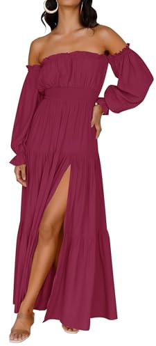 ZESICA Women's Boho Off Shoulder Spring Long Sleeve Dress 2026 High Waist Side Split Sexy Flowy A Line Long Maxi Dresses Fuchsia Medium