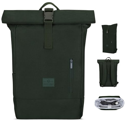 Johnny Urban Rucksack Damen & Herren Dunkelgrün - Robin Medium - Rolltop Mit Laptopfach für Uni Business Fahrrad - 15L - Nachhaltig - Wasserabweisend