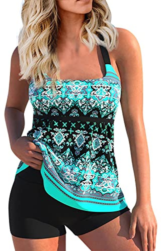 Maillot De Bain Grande Taille Femme Maillot de Bain Deux pièces pour Femmes Maillot de Bain Tankini Vintage imprimé hawaïen pour Cacher Le Ventre et Short de Bain Taille Haute pour Nager(Cyan,M)
