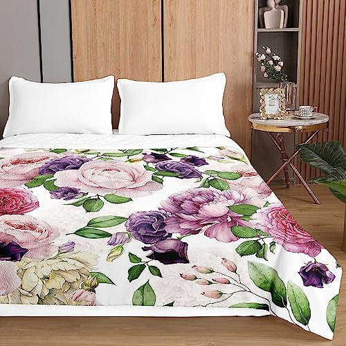 Chickwin Tagesdecken Bettüberwurf Steppdecke, Pfingstrose Blume Drucken Sommer Tagesdecke Sofaüberwurf Wohndecke aus Mikrofaser Bettdecke für Einzelbett Doppelbett Kinder (230x260cm,Lilane Blumen)