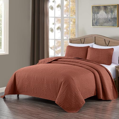 Chezmoi Collection Austin Queen Ensemble de Dessus-de-lit de 3 pièces, avec Couvre-lit matelassé Pinsonic surdimensionné, Grand lit (Queen), Coloris Terracotta