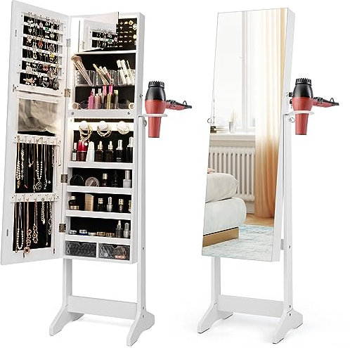 COSTWAY LED Lights Jewellery Cabinet, Floor Standing Lockable Jewelry Armoire with Full Length Mirror and Hairdryer Mount, Cosmetics Makeup Storage Organiser Unit (White, with Lights Control Button)