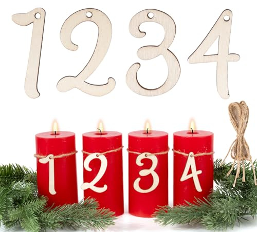 BETESSIN Decorazione Candele Avvento Numero 1-4 in Legno Ciondoli Pendenti Decorativi per Decorazione Candele Festa di Avvento
