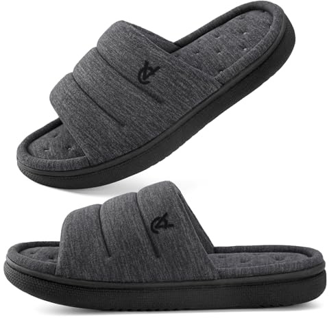 VeraCosy Men's Open-Toe Slippers Memory Foam House Shoes Black,8-9 UK