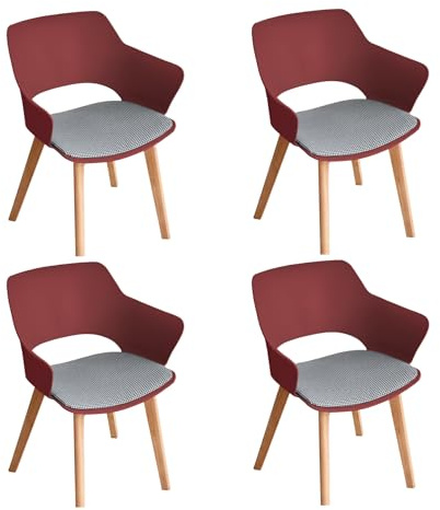 JZGORC Juego de 4 Sillas de Comedor Modernas, Silla de Comedor de Estilo Nórdico con Reposabrazos, Patas de Haya, Silla de Cocina Tapizada a Cuadros de Lino - Rojo