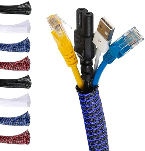 MarketConnect® Självstängande kabelstrumpa Ø 13mm, L 8m • Samlar och döljer kablar • Perfekt för skrivbordet och TV • SVART-BLÅ