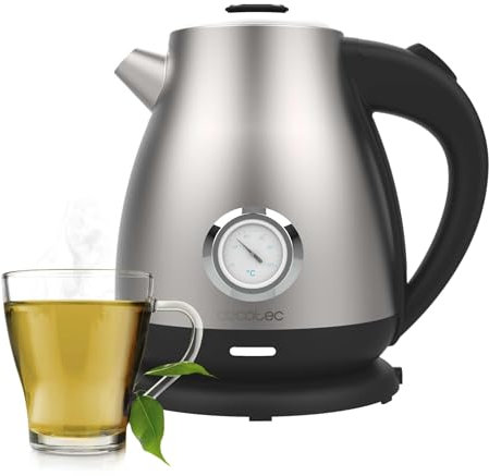 Cecotec Wasserkocher 1,7L Thermosense 620 Retro Steel, 2200W, Antikalkfilter, 360° Basis, Analoges Thermometer, Doppelsicherheit, Edelstahl 18/10, Kabellos, Schnelles Aufkochen, BPA-frei