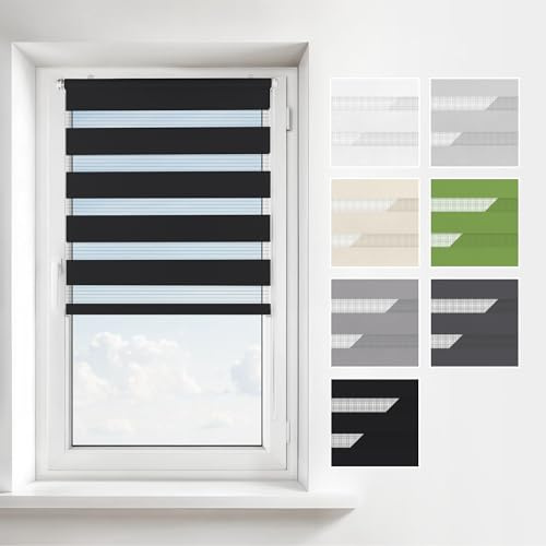 Estika Store Enrouleur Jour Nuit Klemmfix sans perçage - Large: 50 cm - Hauteur: 120 cm - Couleur: Noir - Store à enroulement, Double Tissu, pour fenêtres intérieures