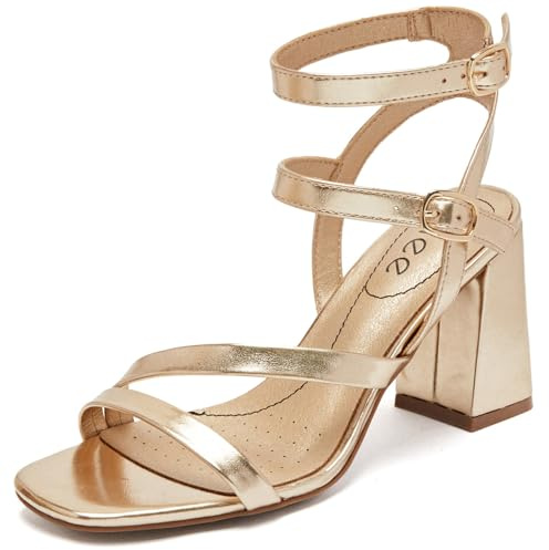 Ruiee Women's Heels Chunky Heeled Sandals - Ankle Strappy Dressy Pump Blcok Heels Square Open Toe Wedding Party Shoes for Women.2408092 Gold Size7.5