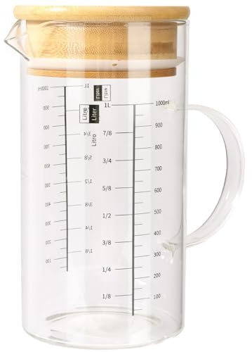 Aevcvok Brocca Dosatrice in Vetro 1000ML - Caraffa Graduata 1 Litro, Barattoli Vetro con Coperchio con Scala Precisa, Barattolo Misurino con Coperchio per la Cottura Cucina, Brocca Graduata con Manico