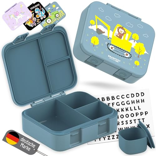 BEARFOOT Bento Box COMPACT Lunchlåda för barn (grävmaskinsblå, 1 000 ml) | BPA-fri, läckagesäker matlåda med fack, för skola och förskola, för flickor och pojkar, lätt och kompakt