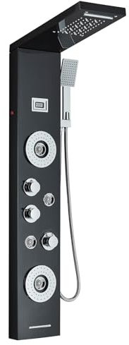 Hevenaov Columna de Ducha LED Negro Sistema de Panel de Ducha con 5 Modos, Panel de Ducha Hidroeléctrico, Sistema de Ducha Multifunción de Acero Inoxidabl
