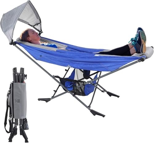 MOCK ONE, amaca con supporto e baldacchino regolabile, amaca autoportante portatile con telaio in acciaio per esterni, giardino, campeggio, spiaggia, blu