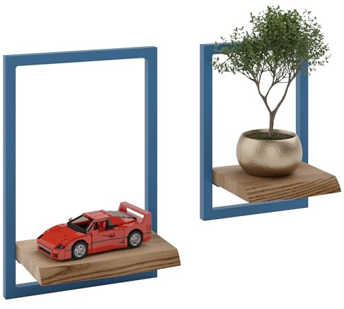 LAMO Manufaktur Estanterias de Pared Set 2ud. 15/20cm | Estanterías de Madera para Tazas, Cuadros, estanterias Colgantes | Color: Nogal, Marco: Azul