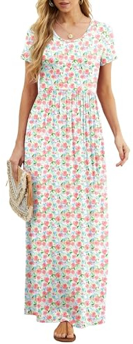 GRECERELLE Maxi Dress for Women - Summer Casual Long Dresses for Ladies with Pockets (White Pink Rose, XL)