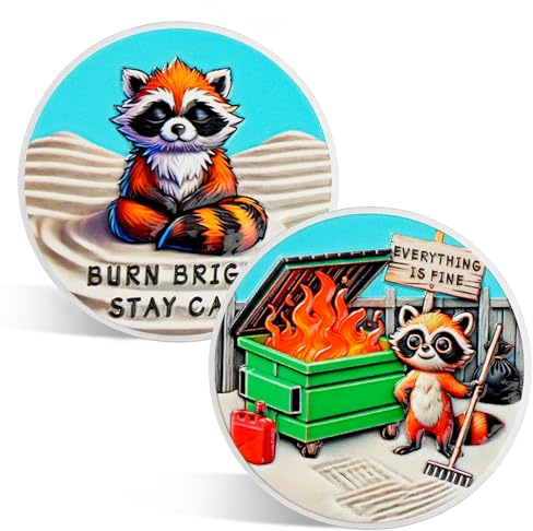 ACGZQY Dumpster Fire Coin - Humorous Resilience Fire Token with Raccoon Design - Everything's Fine Motivational Challenge Coin Hilarious Medallion Funny Office Gifts