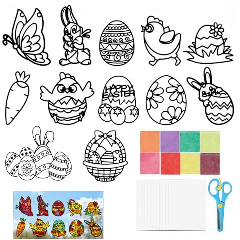 Bogoro Lavoretti Pasqua per Bambini, Uova di Pasqua Adesivi Decorazione per Finestre,Set di 12 Immagini per Finestre Pasquali per Bambinii,Ideale Come Regalo Artigianale Pasquale per i Bambini.