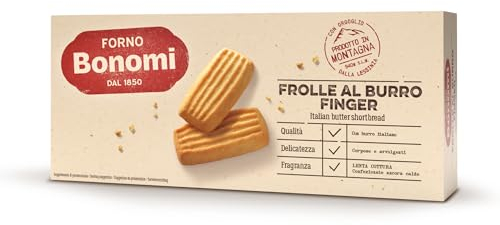 Forno Bonomi Frolle al Burro Finger. Biscotti tradizionali preparati come una volta. Ideali come fine pasto goloso, ma anche da abbinare al the o al caffè. Confezione da 150 g
