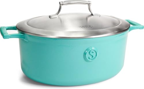 SAVEUR SELECTS Gusseiserner Kochtopf mit Edelstahldeckel, 4.7 L Volumen, Ø 30 cm, Emailliert, Spülmaschinenfest, geeignet für alle Herdarten, Backofenfest bis 260°C, induktionsgeeignet, oval, Hellblau
