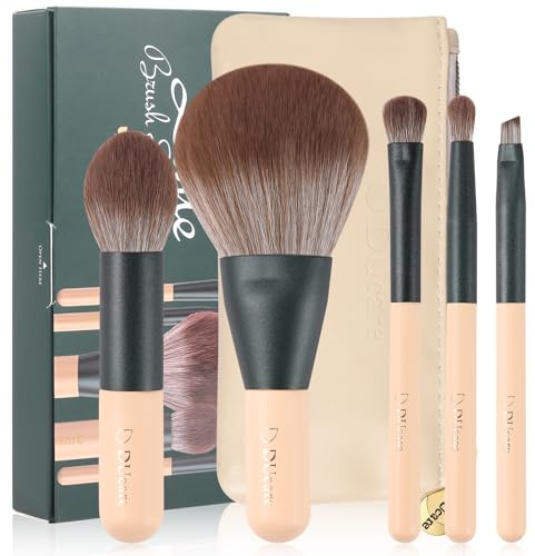 DUcare Travel Makeup Brushes Set with Bag,5PCS Portable Mini Cosmetic Brushes Kit for Powder,Blush,Foundation, Eyeshadow, Tapered Kabuki Coverage Mineral Bronzer Buffing Brush Green