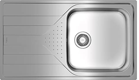 TEKA Fregadero Encastrado 1 Cubeta con Escurridor Izquierda en Acero Inoxidable, Profundidad Cubeta 190mm, Mueble 50cm, Desagüe Manual con Válvula Canasta y Sifón, Universe 50 T-XP 1C 1E Plus