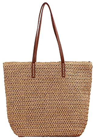 Hsthe Sea Damen handgewebte Stroh-Umhängetasche, groß, Sommer, Strand, Ledergriffe, Handtasche, Tote mit Reißverschluss, braun, 43cm*31cm*15cm