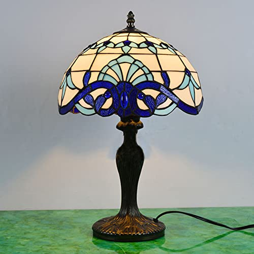 Barocklampe, Tiffany-Lampe, Blaugelbe Buntglaslampe, Vintage-Tischlampe, Bürostudie Lesen Klavier Akzent Schreibtisch Banker Lampe, Schlafzimmer Nachttischlampe,Beige