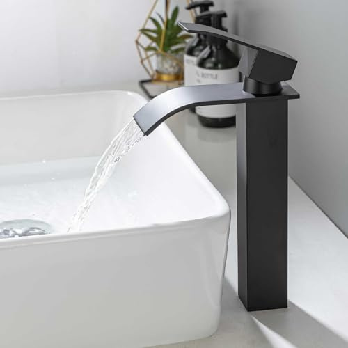 ONECE Grifo Lavabo Negro de Cascada Alto, Grifería de Baño de Encimera