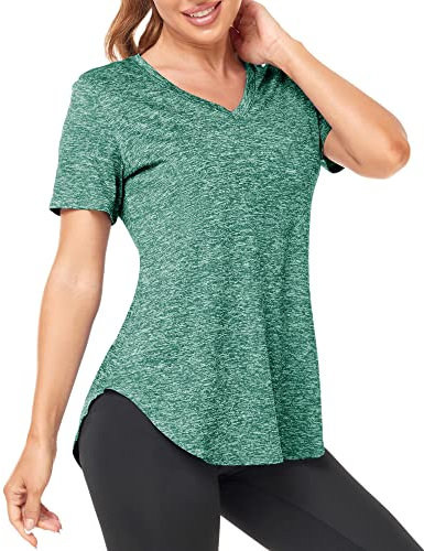 Deaviya Women's Sports T-Shirt Gym Tops V Neck UK, Short Sleeve Workout Top Running Yoga Shirts for Women, Activewear Short Tops, Dancing Exercise Tops Loose Fit, Quick Dry T Shirt Green