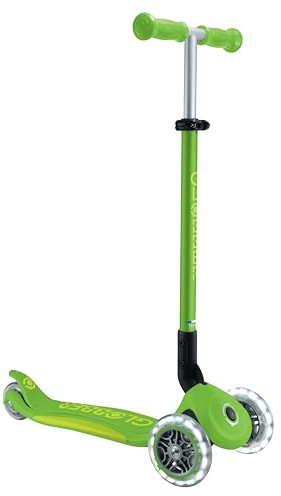 GLOBBER Primo Foldable Plus Lights Roller – Tretroller Kinder ab 3 Jahre - Scooter 120/80 mm - ABEC 5, 3-rädrig mit LED Rollen – höhenverstellbar – grün-Lime grün