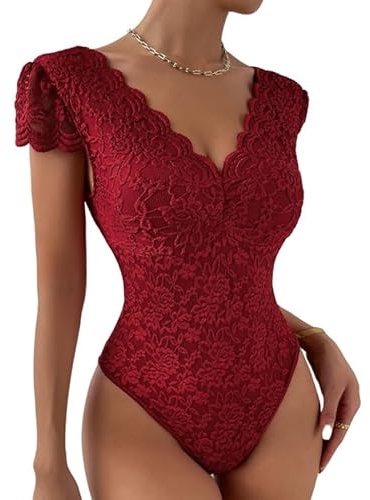 Haibang Body in Pizzo da Donna Sexy Scollo a V Bodysuit Top Floreale Aderente Camicetta a Maniche Corte Body Sottogiacca Elegante Cami Camicie Maglietta Blusa Clubwear