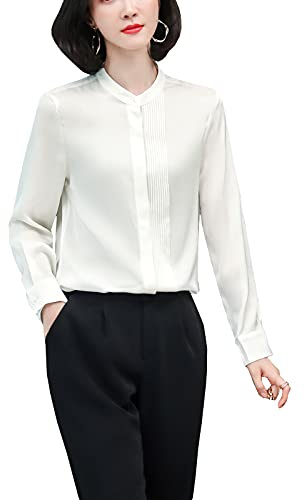 Valin S3392 - Camicia da donna in seta, a maniche lunghe, con colletto alto, in seta, bianco, 44