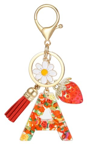 MWOOT Porte Clé Lettre avec Initiale, Porte Clef Alphabet avec Pendentif Fraise Marguerite Tassel pour Femmes Filles, Charme de Porte Clés Fruits Mignon en Résine pour Clé de Voiture Sac à Main(A)