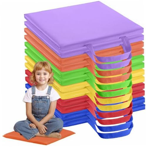 NASSMOSSE Floor Cushions for Classroom, 12PCS 12 Inch Waterproof Flexible Seating with Handle, 6 Colors Rectangular Floor Seat, Cushions for Kids, Daycare, Preschool