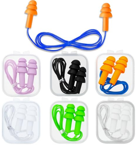 6 Pairs of Corded Earplugs Set, Reusable Noise Cancelling Ear Plugs for Sleeping, Swimming, Travel & Work, Waterproof Silicone Hearing Protection with Storage Case (Light, One Size)